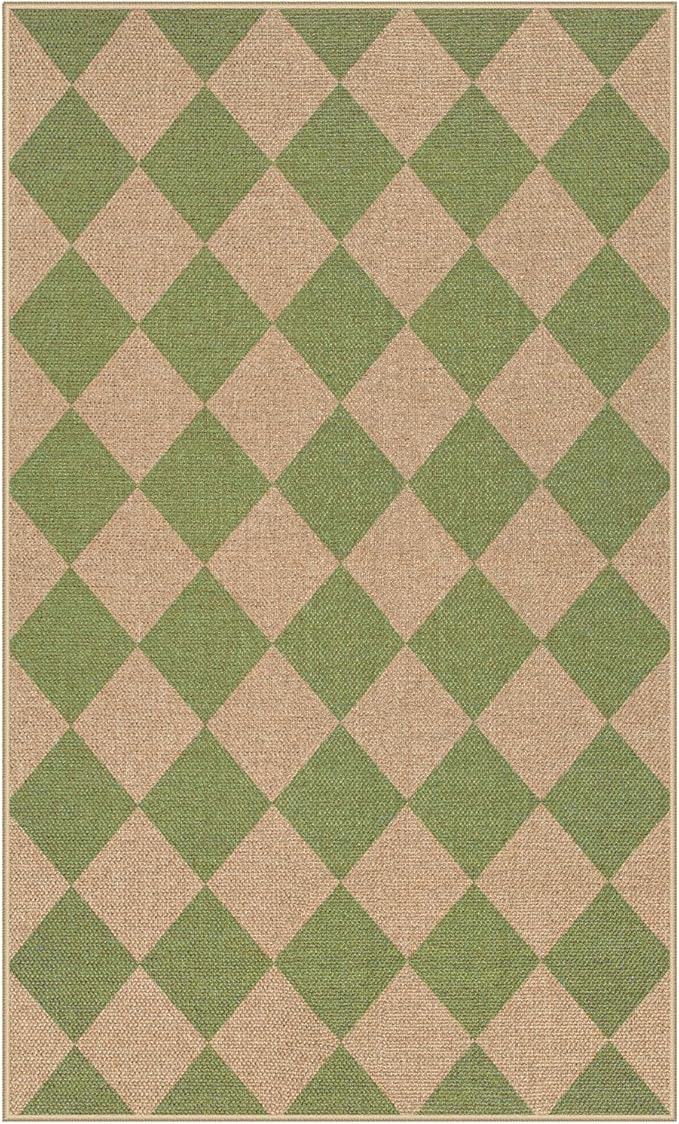 Lahome Colette Green Checkered Easy Jute Rug, 3x5 Washable Outdoor Rug Neutral Rug for Entryway, Checkerboard Non Slip Non Shedding Floor Carpet for Living Room Front Door Porch