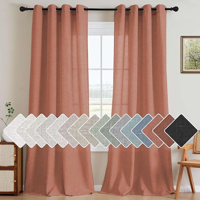H.VERSAILTEX Linen Curtains Home Decorative Nickel Grommet Curtains Privacy Added Energy Saving Light Filtering Window Treatments Semi Sheer Draperies for Bedroom, Terracotta, 2 Panels, 52 x 84 - Inch