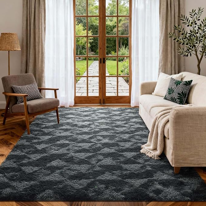 5x7 Ft Large Shag Rugs for Bedroom Living Room for Men Boys, Tie Dyed Ultra Soft Fluffy Furry Area Rug for Indoor Floor, Aesthetic Carpet for Home Decor (Black Grey)