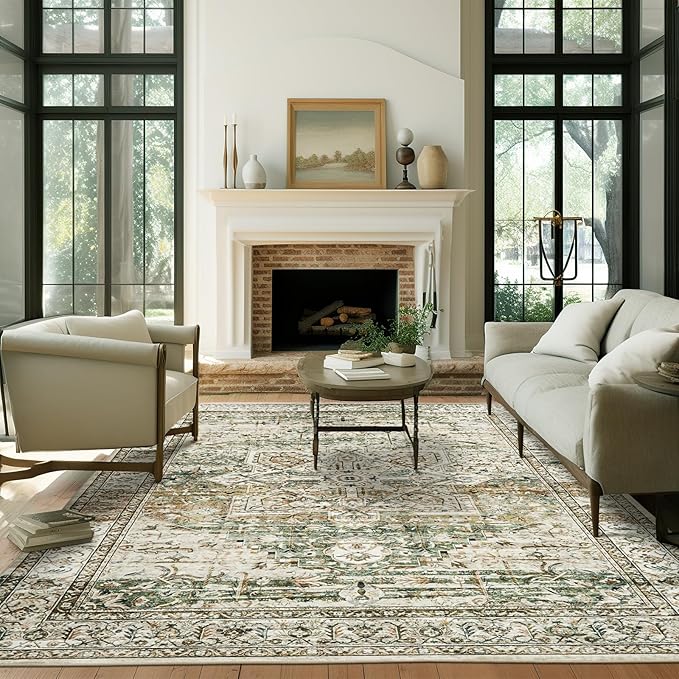 9x12 Area Rugs for Living Room, Non Slip Machine Washable Vintage Rugs, Low Pile Lightweight Large Rug for Bedroom, Dining Room, Home Office Olive