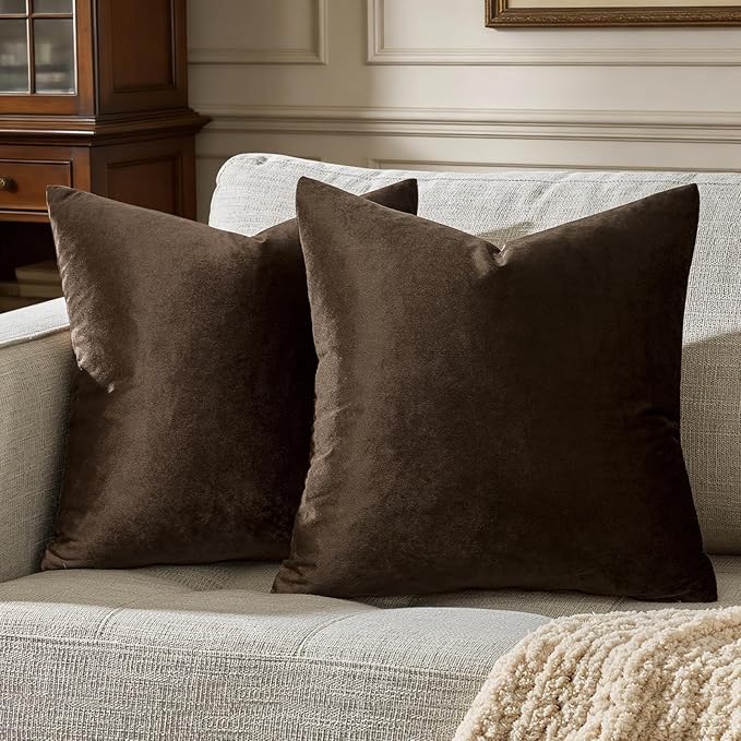 GIGIZAZA Brown Velvet Pillow Covers 16x16,Square Solid Throw Pillow Covers Decorative Modern Pillows Small Vintage Cases for Couch Pack of 2
