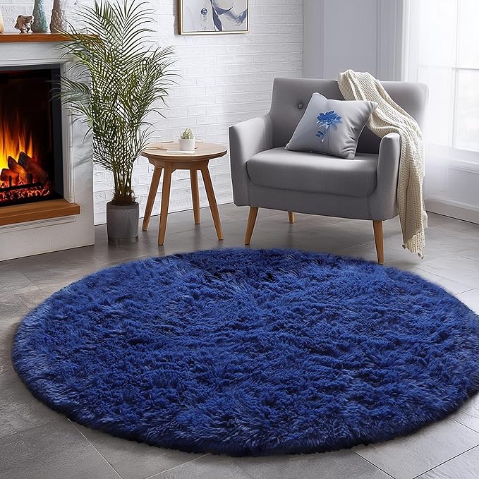Amdrebio Navy Blue Small Round Rug 3Ft for Boys Room Bedroom, Circle Area Rugs for Kids Room, Living Room Decor Aesthetic, Fluffy Shag Fur Throw Royal Dark Blue Carpet for Dorm Playroom Baby Nursery