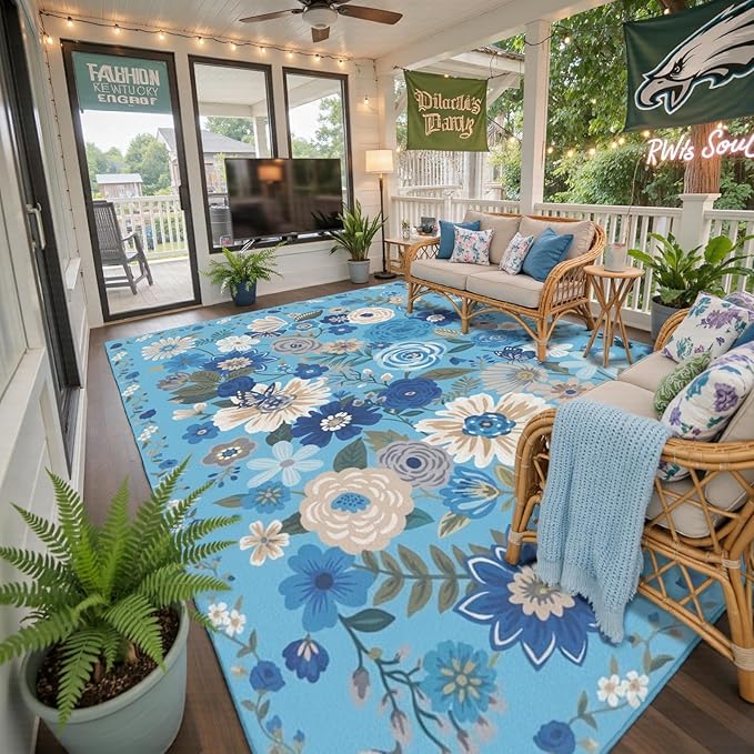 Area Rugs 10x14 Living Room, Non Slip Machine Washable Floral Rugs, Low Pile Lightweight Large Rug for Bedroom, Dining Room, Home Office(10 x 14, Blue Garden)
