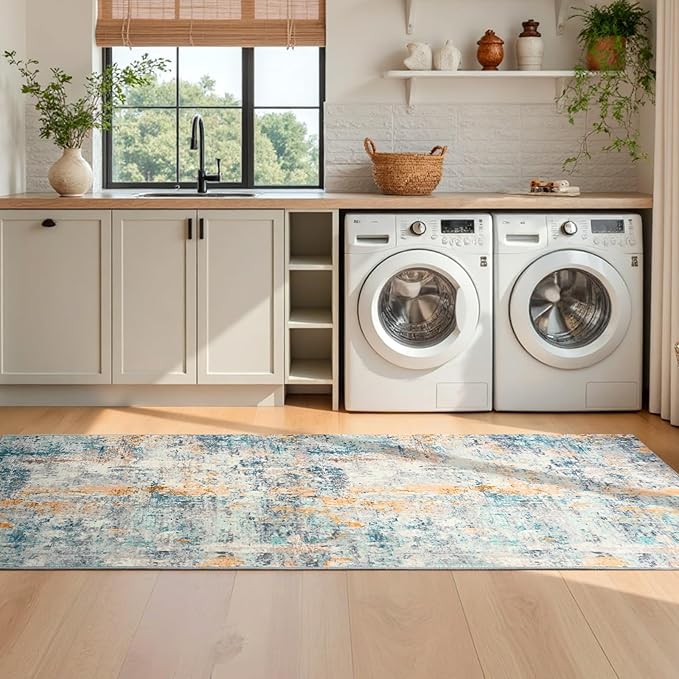 Runner Rug for Kitchen Hallways Runner Rug Non Slip 2'6''x8' Washable Blue Long Runner Rugs with Rubber Backing Soft Abstract Carpet Runner for Entryway, Kitchen, Bedroom, Bathroom