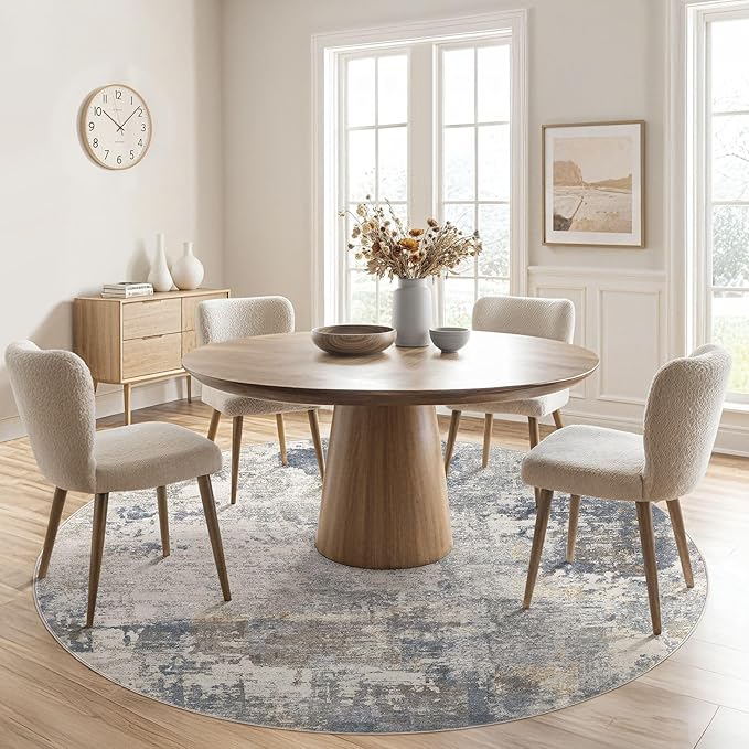 UERMEI 6ft Round Area Rug Living Room Rugs - 6x6 Washable Neutral Modern Abstract Soft Thin Rug Indoor Floor No Slip Rug Carpet for Bedroom Under Dining Table Home Office Decor - Blue Grey