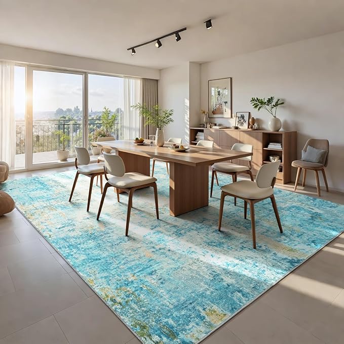 Ompaa Living Room Rug 8x10 Teal Blue Area Rugs Machine Washable Abstract Boho Large Rug Non-Slip Non-Shedding Faux Wool Indoor Vintage Carpet for Bedroom, Classroom, Dining Room, Kids Playroom