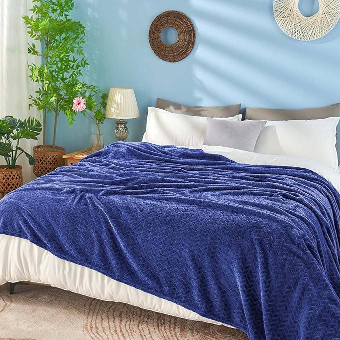 inhand Navy Fleece Queen Blanket for Bed, Super Soft Flannel Cozy Blankets for Adults, Lightweight Leaves Pattern Fuzzy Blanket for Office,Travel, Warm Plush Blankets for All Season, 90x90 Inches