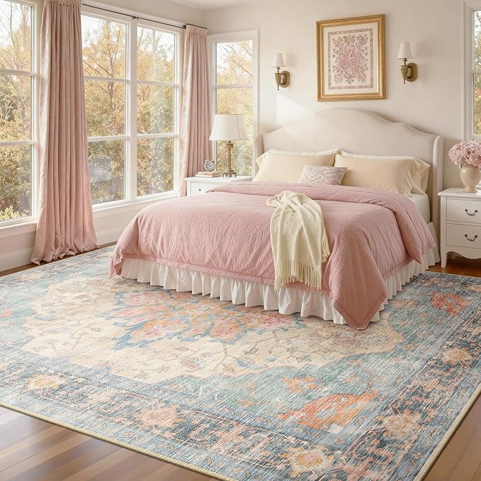 RELEANY Area Rugs 9'x12' Washable Non-Slip, Floral Vintage Distress Print Pattern Medallion Carpet for Living Room Bedroom Dining Room, Blue Orange Red