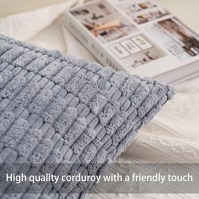 Pack of 2 Corduroy Decorative Throw Pillow Covers 12x20 InchSoft Boho Striped Pillow Covers Modern Farmhouse Home Decor for Sofa Living Room Couch Bed（Light Grey）
