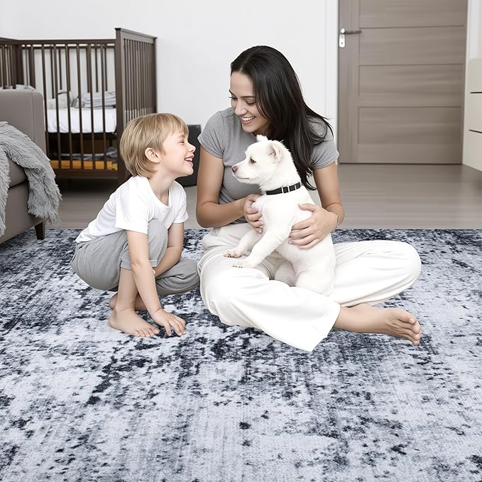 8x10 Area Rug Living Room Rug: Washable Modern Abstract Soft Thin Rug Indoor Floor No Slip Stain Resistant Carpet for Bedroom Dining Room Farmhouse Nursery Home Office - Black