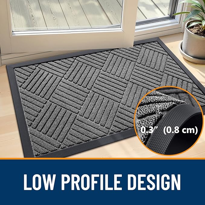 OLANLY Front Door Mat Outside Entrance 47x32, Absorbent, Heavy Duty Sturdy Natural Rubber Doormat Indoor Outdoor, Stain and Fade Resistant, Non-Slip Low Profile Floor Mat for Entryway, Grey Diamond