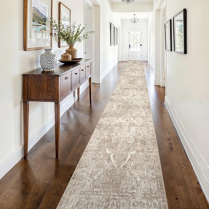 2'6"x16' Washable Hallway Runner Rug - Non Slip Kitchen Runner Rugs with Rubber Backing Vintage Low-Pile Carpet Runners for Entryway Dining Room Laundry Room Home Decor (Beige)