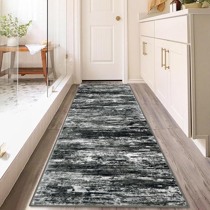 KOZYFLY 3x8 Ft Rug Modern Ombre Runner Rug for Hallway, Washable Kitchen Rugs Non-Slip Soft Striped Entryway Rug, Print Black Grey Abstract Carpet for Laundry Nursery
