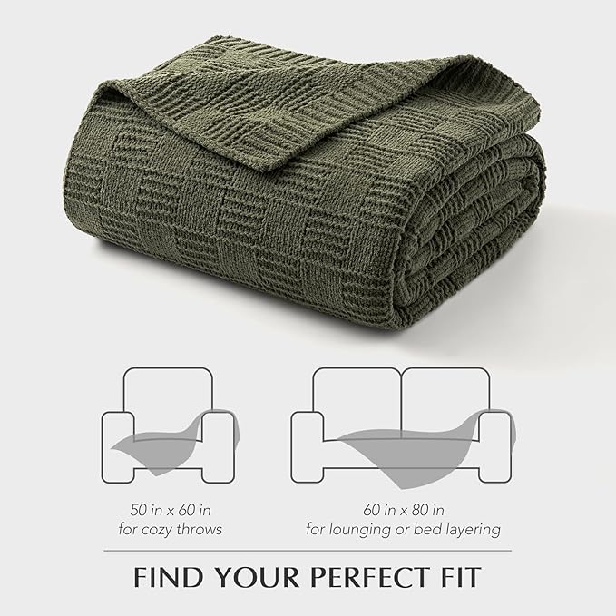 EVERGRACEHOME Modern Checkered Chenille Throw Blanket, Soft Cozy Plaid Knitted Chair Blanket for Sofa Couch, Decorative Knit Throw for Bed and Living Room, Olive Green, 50" x 60"