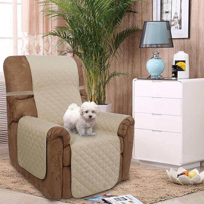 U-NICE HOME Recliner Chair Covers Reversible Quilted Water Repellent Pet Protectors with Elastic Straps (23''Recliner Small, Sand/Beige)