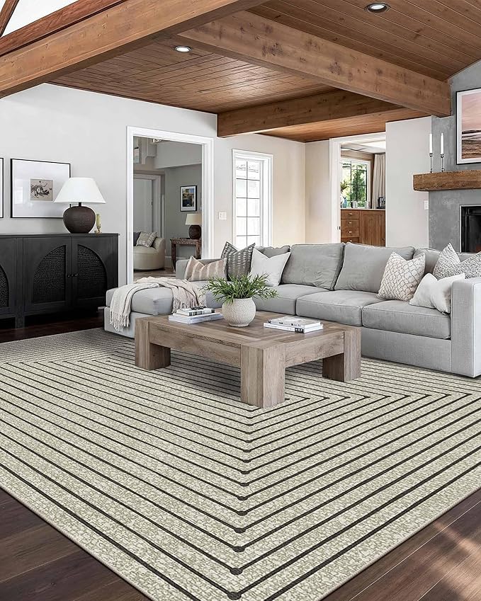Latte&Fog 9x12 Area Rug for Living Room, Extra Large Beige Modern Abstract Washable Rugs, Boho Non Slip Low Pile Carpet for Indoor Bedroom Dining Room, Office, Dorm, Classroom and Farmhouse - Beige