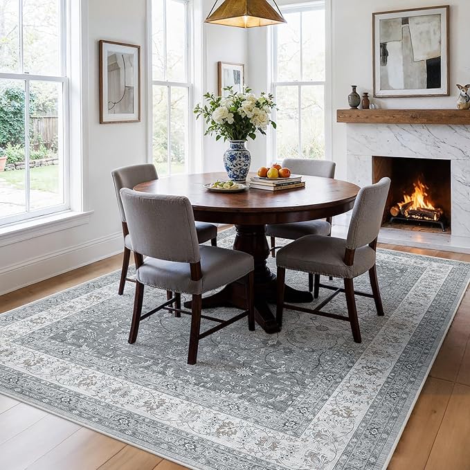 AMADA HOMEFURNISHING 5x7 Area Rugs, Washable Living Room Rug with Non-Slip Backing, Low Pile and Durable Edge Binding, Soft Vintage Floral Rugs for Living Room, Bedroom, Dining Room
