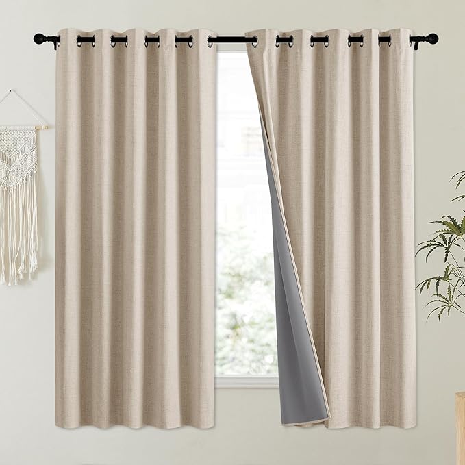 NICETOWN Oatmeal Vintage Open Linen Weave Flax Thermal Curtains, 100% Blackout Curtains 63" Long for Dining Room, Soundproof Window Treatment Drapes for Dorm Room, 62" Wide Per Panel, Set of 2