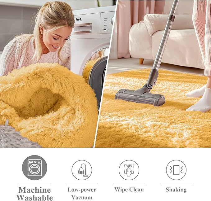 OLANLY Mustard Yellow Round Rugs for Bedroom - Machine Washable, 9 ft Circle Area Rugs for Living Room, Soft and Fluffy Shaggy Carpet for Teen Girl and Boys, Nursery Rooms, Dorms, Home Decor Aesthetic