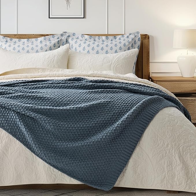 EVERGRACEHOME Chunky Chenille Knit Throw Blanket for Couch, Soft Luxurious Moss Stitch Blankets for Bed, Cozy Decorative Farmhouse Knitted Throws for Sofa, Stormy Blue, 50" x 60"