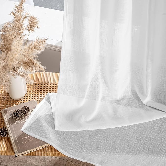 MIULEE White Linen Curtains 102 Inch Long 2 Panels for Bedroom Living Room, Soft Thick Linen Textured Back Tab Window Drapes Semi Sheer Light Filtering Rod Pocket Modern Farmhouse Decor