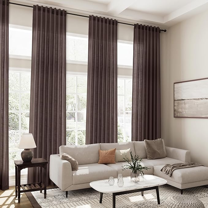 Coffee Linen Semi Sheer Curtains 120 Inches Long 2 Panels Set Back Tab Loop Pocket Linen Blend Boho Large Window Curtain Extra Long Light Filtering Drapes High Ceiling Curtains for Living Room 52x120