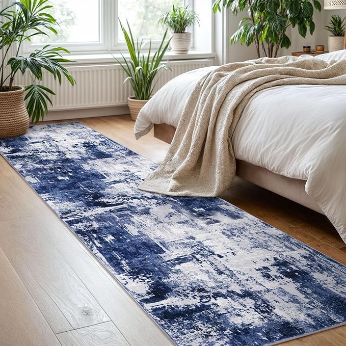 KOZYFLY Modern Abstract Rug Runner for Hallway 2x8 Navy Blue Kitchen Runner Rug Non Skid Washable Carpet Runner Laundry Room Mat Soft Fluffy Low Pile Rug for Hallway Entryway Bathroom