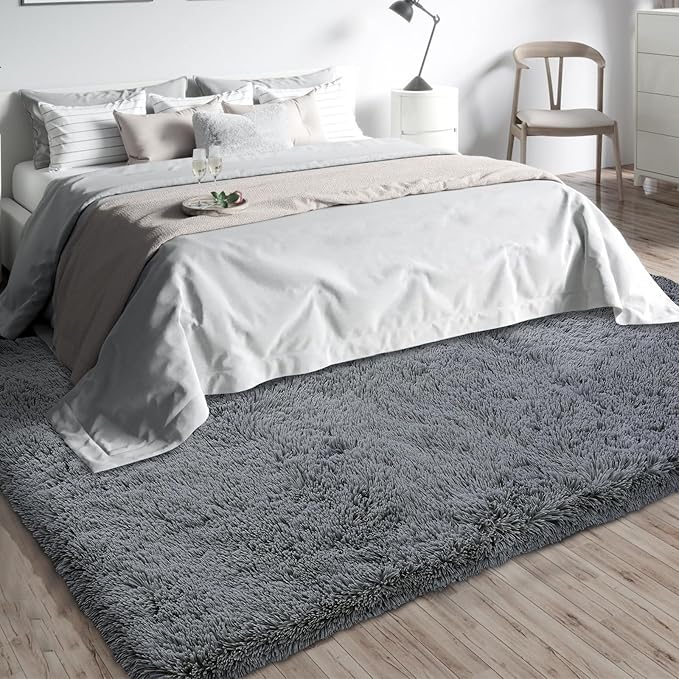 Shag Area Rugs for Bedroom Living Room,8X10 Ultra Soft Fluffy Area Rugs for Dorm, Indoor Carpet Nursery Rugs for Kids Girls Room Home Decor,Dark Grey