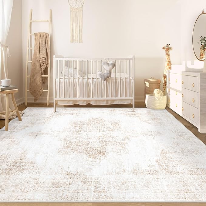 Area Rug 5x7 Vintage Rug: Washable Living Room Rugs Retro Medallion Distressed Large Rugs Soft Low Pile Non-Slip Indoor Floor Carpet for Bedroom Kitchen Nursery Dining Table Office (Beige, 5'x7')