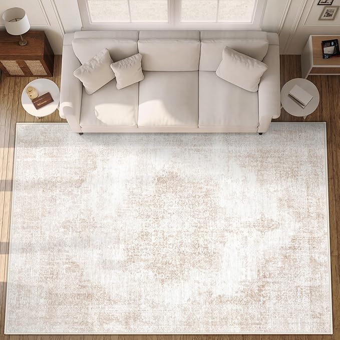 Area Rug 10x14 Vintage Rugs: Large Washable Living Room Rug Retro Medallion Distressed Soft Low Pile Non-Slip Rugs Indoor Floor Carpet for Bedroom Nursery Dining Table Office (Beige/Brown,10'x14')