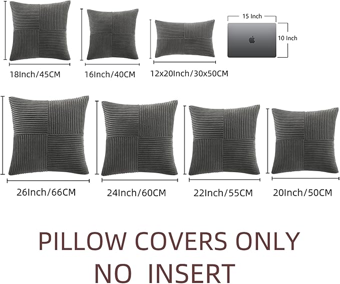Fancy Homi 2 Packs Dark Gray Big Decorative Throw Pillow Covers 24x24 Inch for Couch Bed Sofa, Rustic Farmhouse Boho Home Decor, Soft Corss Corduroy Patchwork Accent Square Cushion Case 60x60 cm