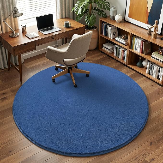 Amearea Blue Round Area Rugs 5ft Washable Circle Rugs for Bedroom Living Room, Fluffy Indoor Thickened Memory Foam Rug, Non Slip Minimalist Circular Carpet for Kids Boys Girls Dorm Nursery Room Decor