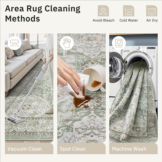 10x14 Area Rugs for Living Room, Non Slip Machine Washable Vintage Rugs, Low Pile Lightweight Large Rug for Bedroom, Dining Room, Home Office Green/Brown