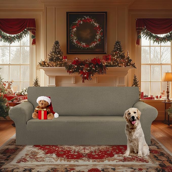 KEKUOU Stretch Oversized Sofa Slipcover 1 Piece Couch Sofa Cover (94"-110") Furniture Protector 4 Seater Sofa with Elastic Bottom for Kids,Pet.Jacquard Checked Pattern Fabric(X Large,Khaki)