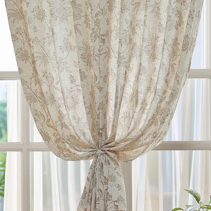 jinchan Linen Floral Curtains for Living Room with Printed Flower 63 Inches Long Light Filtering French Country Back Tab Rod Pocket Taupe Window Curtain Set Farmhouse Drapes 2 Panels Taupe