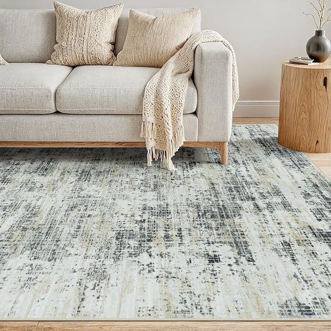 5x7 Area Rugs for Living Room Washable Rug: Anti-Skid Abstract Modern Living Room Rug Soft Thin Carpets Indoor Floor Non-Shedding Carpet for Bedroom Dining Farmhouse Nursery Black Gray Gold