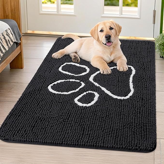 Smiry Dog Door Mat for Muddy Paws, Absorbent Dirt Trapper Non Slip Quick Dry Washable Chenille Mat for Mud Dogs, Entry Rug for Indoor and Outdoor (40x32 Inches, Black and White)