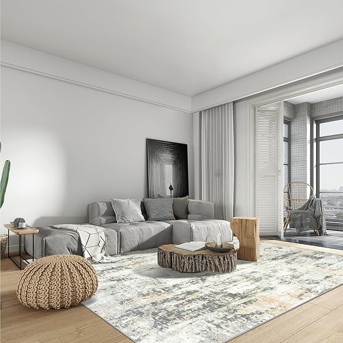 6x9 Area Rugs Washable Rug: Large Modern Abstract Living Room Rug Soft Anti-Skid Thin Carpet Indoor Floor Non-Shedding Carpets for Bedroom Dining Room Farmhouse Nursery Home Office Grey Brown