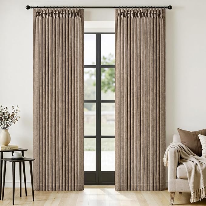 MIULEE Pinch Pleated Thick Linen Curtains 90 Inches Long 2 Panels for Living Room Bedroom, Linen Texture Memory Trained Brown Drapes Pleat Back Tab Light Filtering Country Farmhouse Burlap Curtains