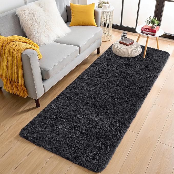 OLANLY 3x12 Machine Washable Runner Rugs for Hallway, Soft Fluffy Shaggy Bedside Rugs for Bedroom, Living Room, Indoor Floor Carpet for Kids Girls and Boys, Nursery Rooms, Home Decor Aesthetic, Black