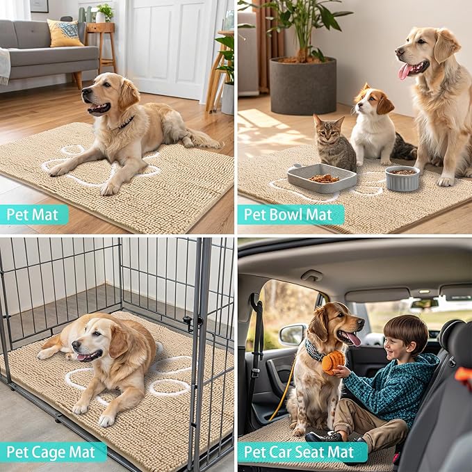 Smiry Dog Door Mat for Muddy Paws, Absorbent Dirt Trapper Non Slip Quick Dry Washable Chenille Mat for Mud Dogs, Entry Rug for Indoor and Outdoor (59x32 Inches, Beige and White)