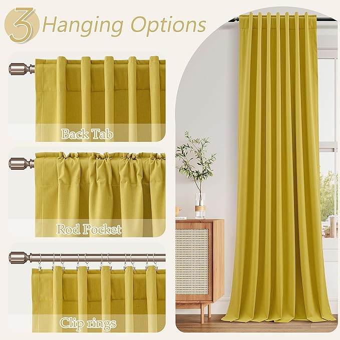 Guken Celery Yellow 100% Blackout Linen Curtains 102 Inch Length 2 Panels Set for Living Room Bedroom Back Tab Rod Pocket Thermal Insulated Black Out Drapes Room Darkening,52x102