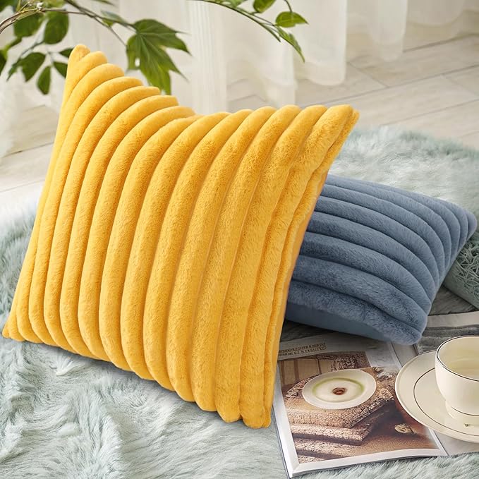 decorUhome Summer Cozy Faux Fur Throw Pillow Covers 24x24 Set of 2 Decorative Plush Striped Modern Farmhouse Boho Couch Euro Sham Pillow Cases with Velvet Back for Sofa Bed Living Room, Mustard Yellow