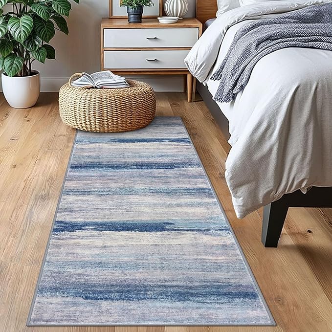 KOZYFLY Modern Abstract Kitchen Runner Rug, 2x6 Washable Rug Runner Non-Slip Soft Striped Hallway Runner Rugs, Blue/Grey/Beige Print Carpet Runner for Entryway Bathroom Laundry Room Foyer