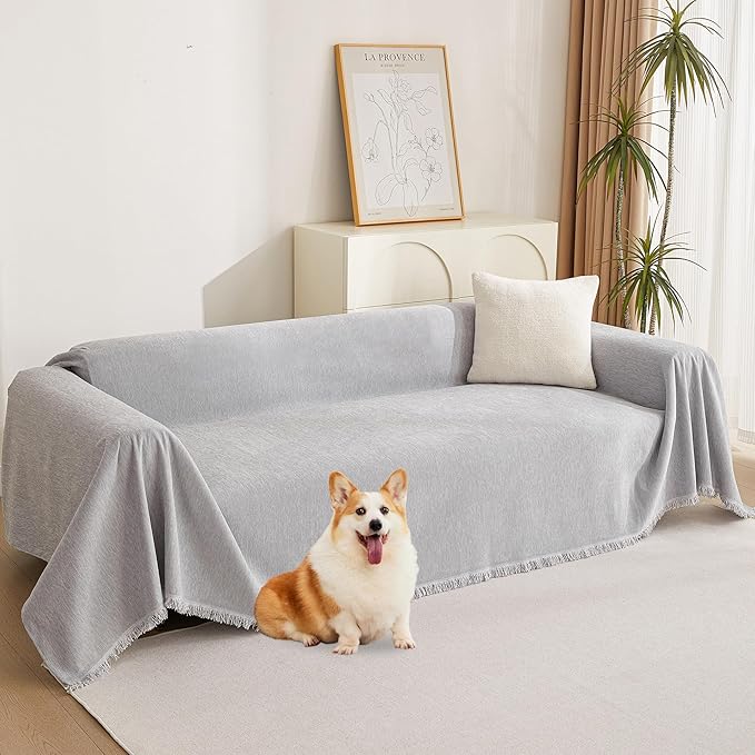 MYSKY HOME Sofa Cover for Dogs Washable for Loveseat, Boho Couch Cover Cover for Sofa, Couch Cover Blanket Soft Thick Durable Tassel Sofa Slipcovers Furniture Protector, 71"x 118", Light Gery