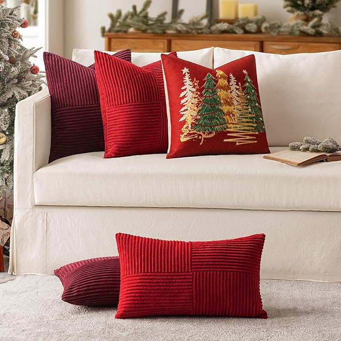 MIULEE Christmas Red Decorative Lumbar Throw Pillow Covers 12x20 Inch for Couch Bed Sofa Pack of 2 Boho Farmhouse Throw Pillows Soft Cross Corduroy Patchwork Textured Cushion Cases