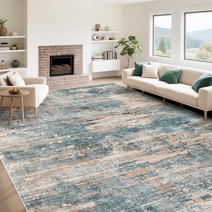 XLUEZ 9x12 Area Rug for Living Room, Washable Modern Abstract Large Area Rug Neutral Soft Non Slip Kids Rug Stain Resistant Indoor Carpet for Bedroom Dining Room Playroom Office(GreenBrown, 9'x12')