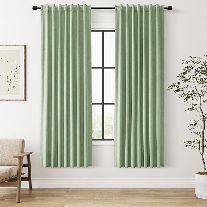 Guken Light Sage 100% Blackout Linen Curtains 72 Inch Length 2 Panels Set for Living Room Bedroom Back Tab/Rod Pocket Thermal Insulated Black Out Drapes Room Darkening Window Curtains
