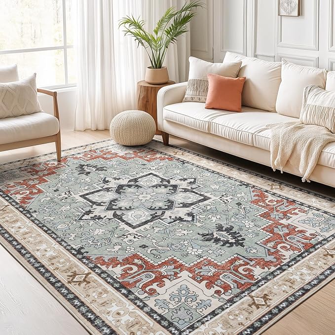 Lofus 5x7 Area Rugs for Living Room and Bedroom, Machine Washable Rug for Kitchen Office, Non Slip Low Pile Carpet for Kids and Pets, Vintage Boho Soft Carpets, Beige Orange