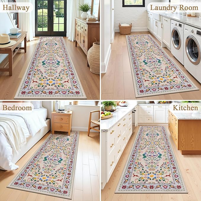 HEBE Washable Hallway Runner Rug 2'x 8' Non Slip Kitchen Rugs Runner,Low Pile Entryway Rug Laundry Room Mat Floral Carpet Runners for Hallways, Kitchen,Bathroom,Laundry,Bedside Rug